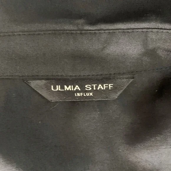 Ulmia Staff Influx Button Front Wrap Dress M Black Satin Short Sleeve 39" VG - Picture 7 of 8